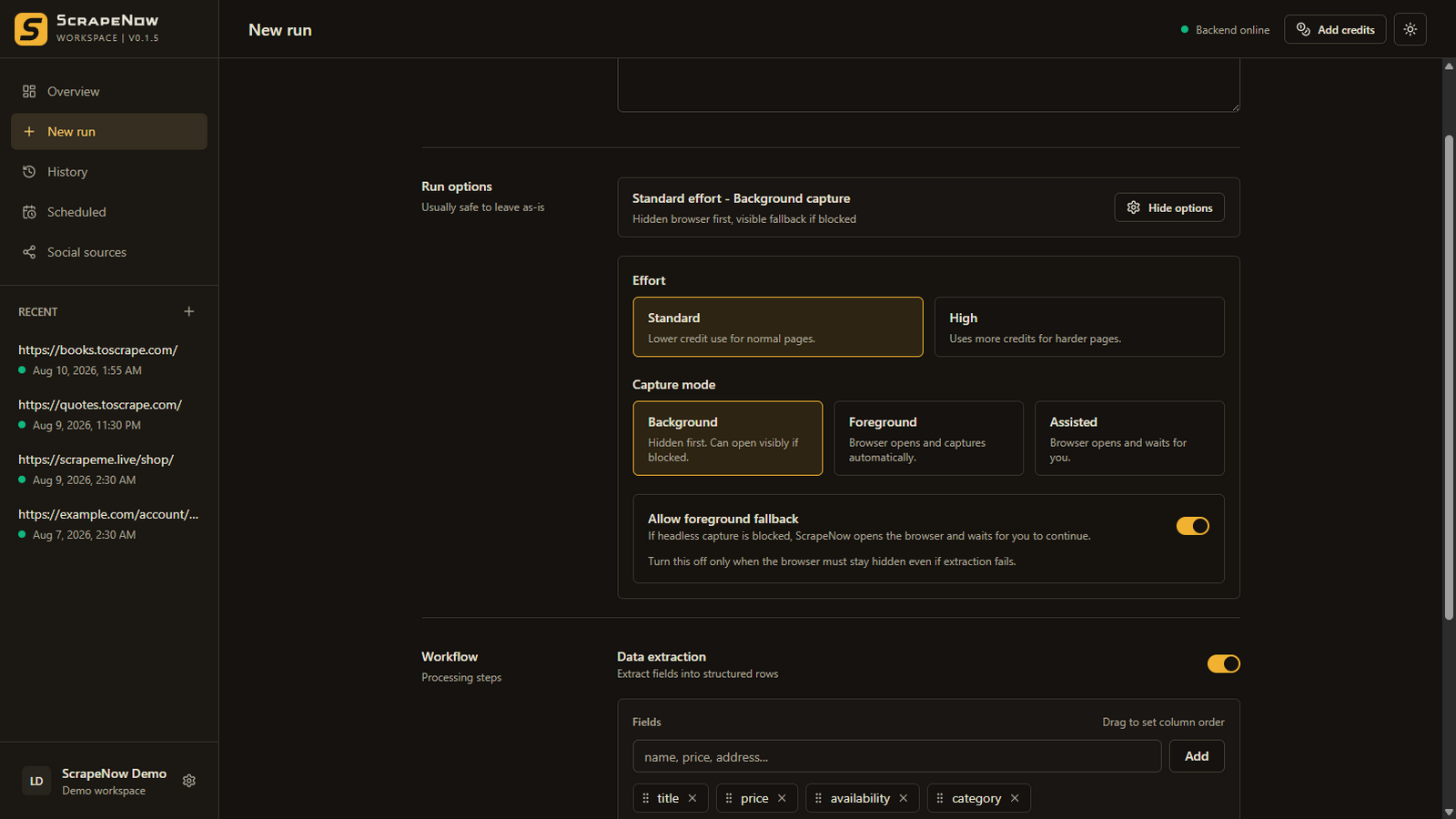 ScrapeNow New run screen with extraction effort and capture mode controls